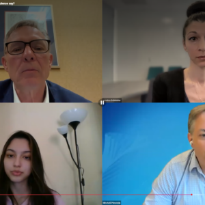 Abhisneha (bottom left) with moderator Indiana Senator Jeff Raatz (top left) and leading experts, Dr. Mitchell Prinstein (bottom right) and Dr. Jessica Schleider (top right)