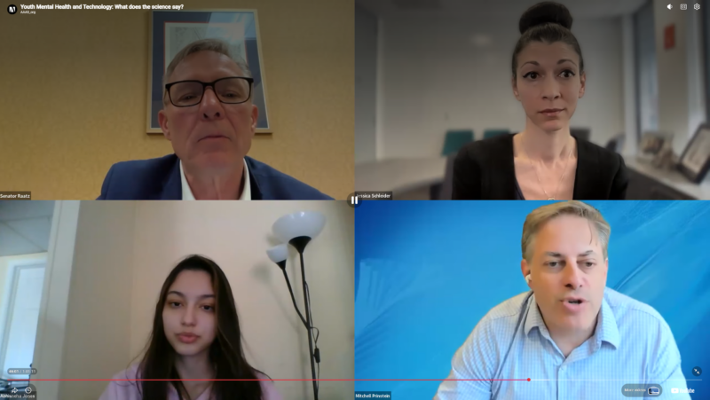 Abhisneha (bottom left) with moderator Indiana Senator Jeff Raatz (top left) and leading experts, Dr. Mitchell Prinstein (bottom right) and Dr. Jessica Schleider (top right)